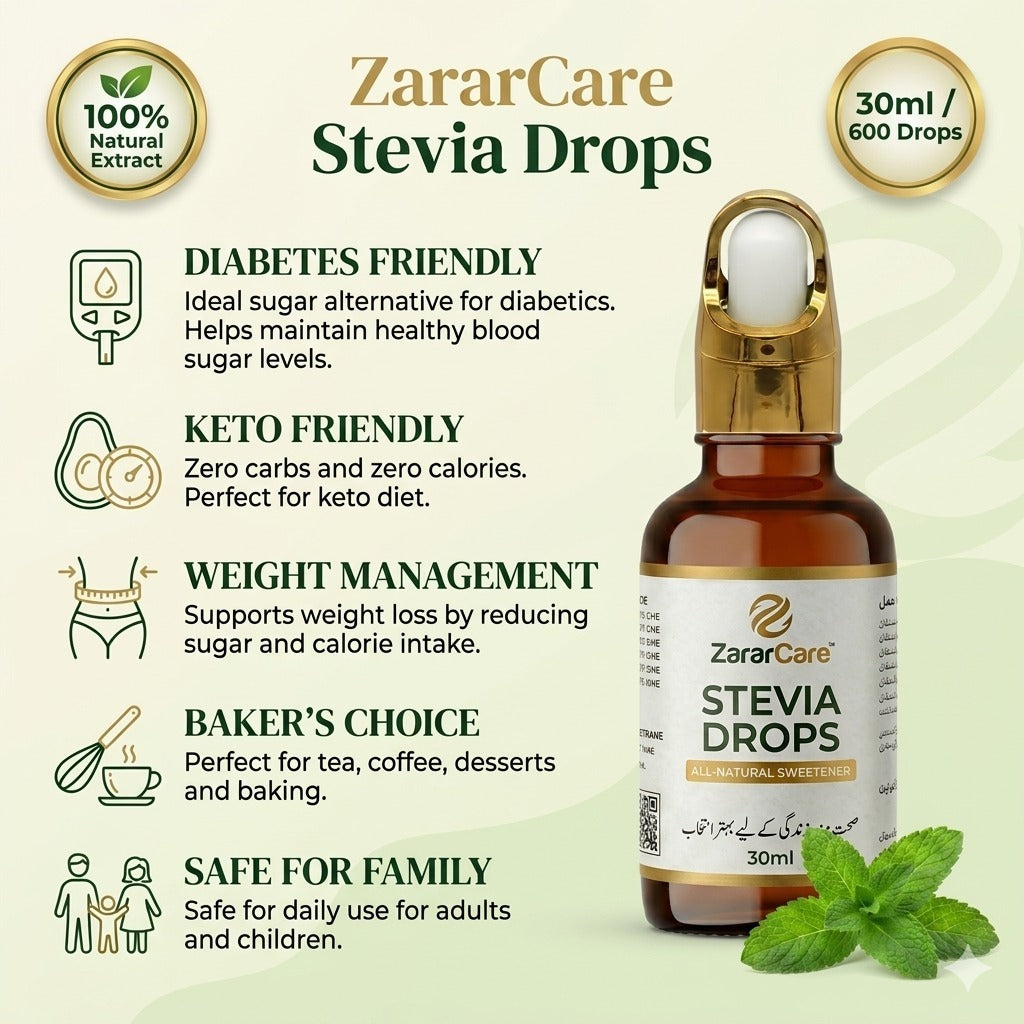 ZararCare Stevia Drops | All-Natural Sweetener | 30ml / 600 Drops | Zero Calories | Diabetes Friendly